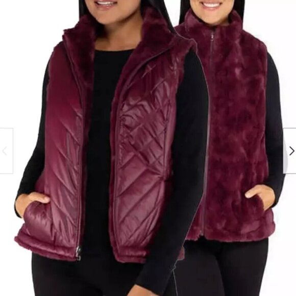Nicole Miller Wine Reversible Vest Puffer Faux Fur 3x - Picture 1 of 15